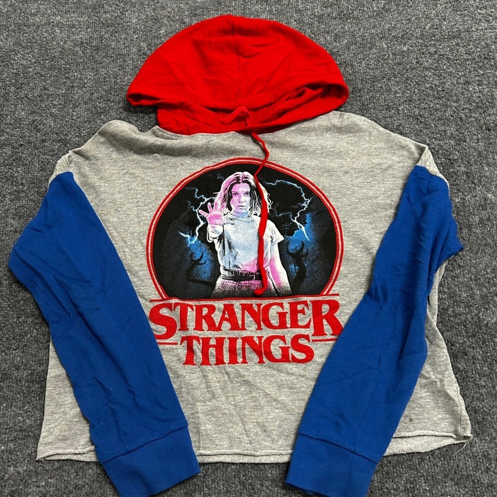 Stranger Things Hoodie Womens Size M Gray Colorblock Eleven Graphic Cropped Top